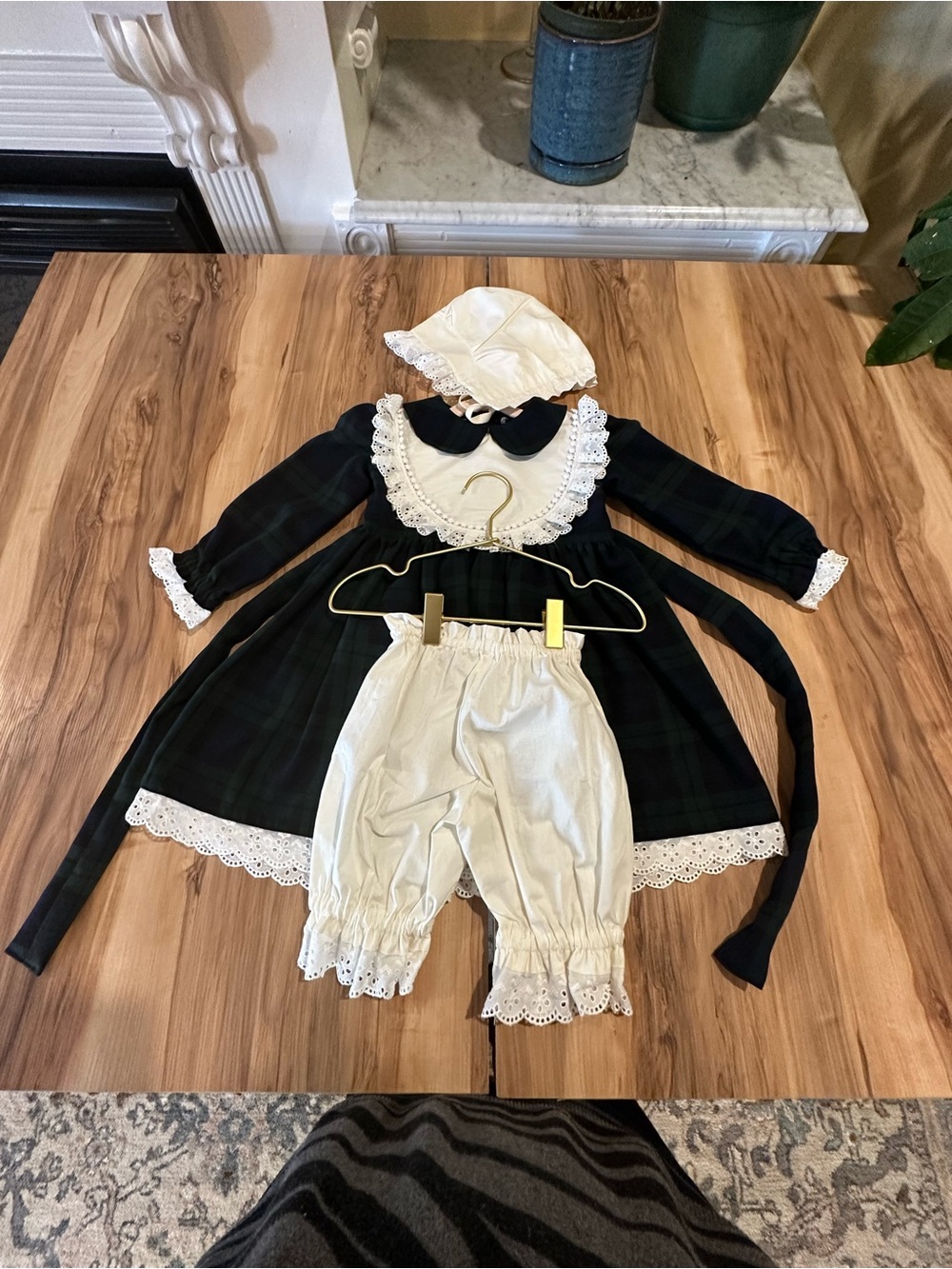 Classic Black Plaid Girls' Dress Costume with Cream Bloomers & Bonnet